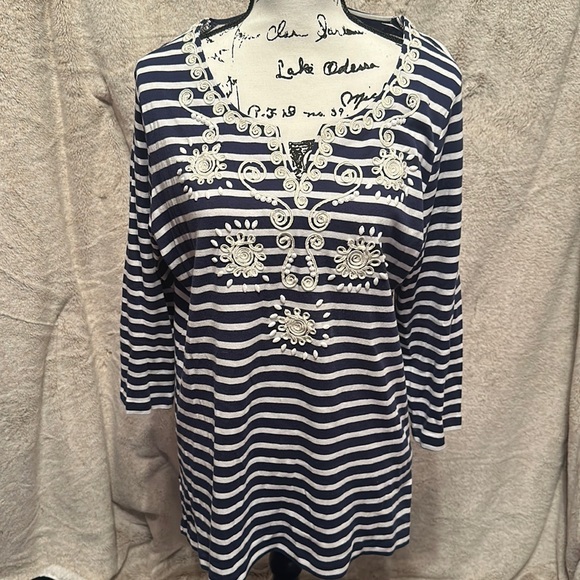 JM Collection Tops - JM Collection large blue and white striped shirt with embroidery and beads